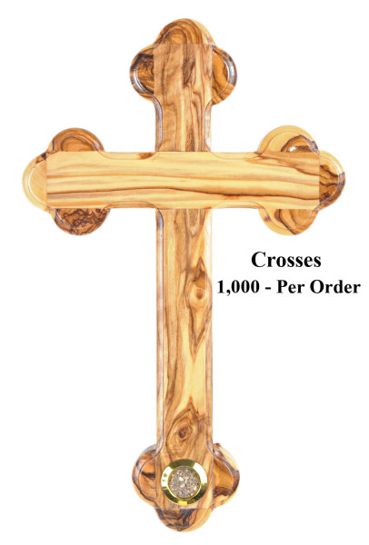 Wholesale 8.5&quot; Olive Wood Wall Crosses with Soil - 1,000 Wall Crosses @ $15.10 Ea