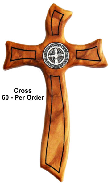 Wholesale Benedictine Olive Wood Wall Crosses - 60 @ $27.50 Each