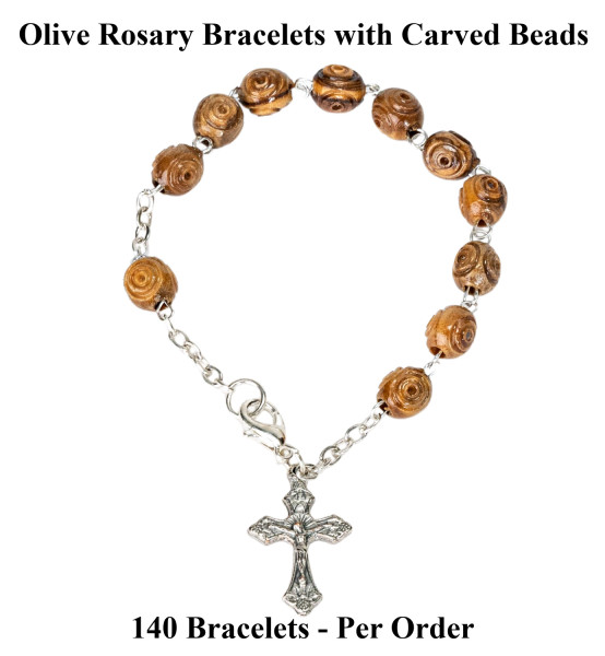Wholesale Carved Bead Olive Wood Rosary Bracelets 7.5 Inch - 140 @ $2.50 Each