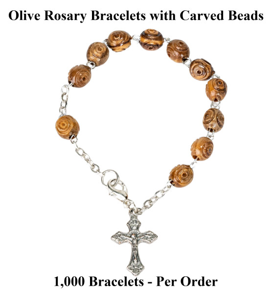 Wholesale Carved Bead Olive Wood Rosary Bracelets 7.5 Inch - 1,000 @ $2.25 Each