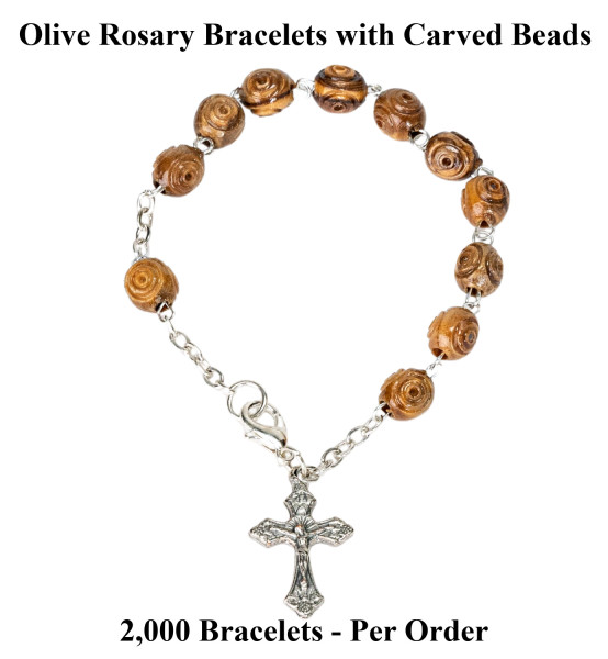 Wholesale Carved Bead Olive Wood Rosary Bracelets 7.5 Inch - 2,000 @ $2.65 Each