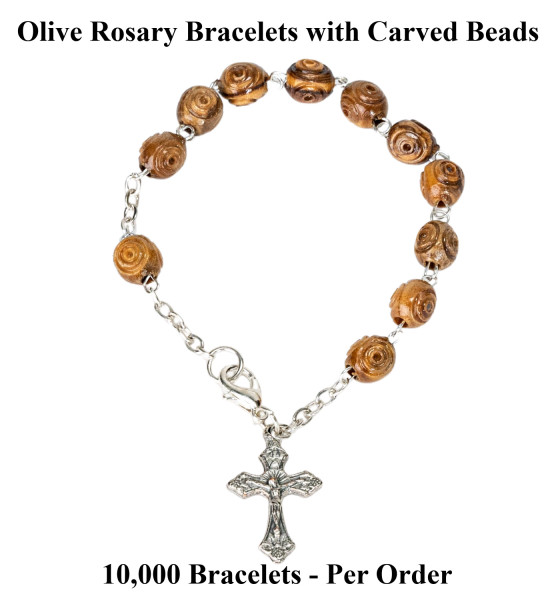 Wholesale Carved Bead Olive Wood Rosary Bracelets 7.5 Inch - 10,000 @ $1.89 Each