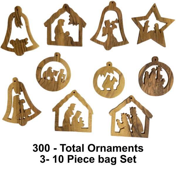 Wholesale Large Olive Wood Christmas Ornament Set | 10 Assorted in Bag - 300 Ornaments @ $1.17 Each