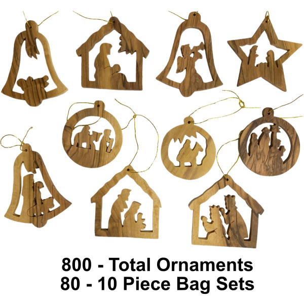 Wholesale Large Olive Wood Christmas Ornament Set | 10 Assorted in Bag - 800 Ornaments @ $1.39 Each