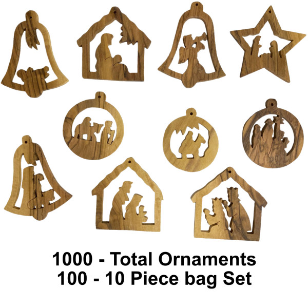 Wholesale Large Olive Wood Christmas Ornament Set | 10 Assorted in Bag - 1,000 Ornaments @ $1.03 Each