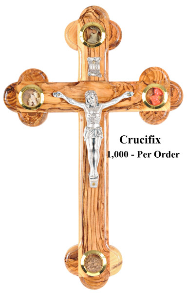 Wholesale Olive Wood 8.5 Inch Wall Crucifixes with 4 Articles - 1,000 @ $13.50 Each