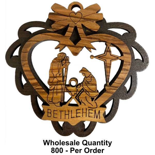 Wholesale Olive Wood Ornament Holy Family Manger Heart Shape - 800 Ornaments @ $4.00 Each
