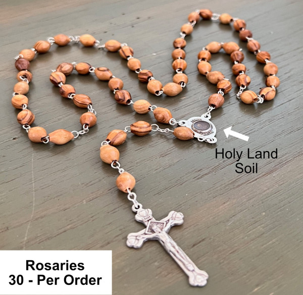 Wholesale Olive Wood Rosaries with Holy Land Soil - 30 @ $5.95 Each
