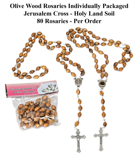 Wholesale Olive Wood Rosaries with Holy Land Soil - 80 @ $7.75 Each