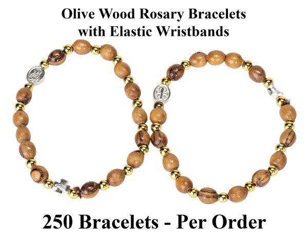 Wholesale Olive Wood Rosary Elastic Bracelets - 250 @ $2.78 Each