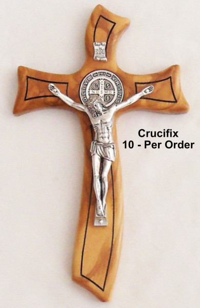 Wholesale Saint Benedict Olive Wood Wall Crucifixes 6.75 Inches - 10 @ $31.50 Each