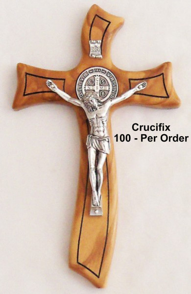 Wholesale Saint Benedict Olive Wood Wall Crucifixes 6.75 Inches - 100 @ $28.00 Each