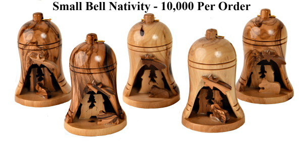 Wholesale Small 2.75&ldquo; Olive Wood Bell Nativity Ornament - 10,000 Bells @ $4.30 Each