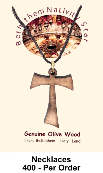 Wholesale Tau Olive Wood Crosses Necklaces 1.5 Inch - 400 @ $1.95 Each