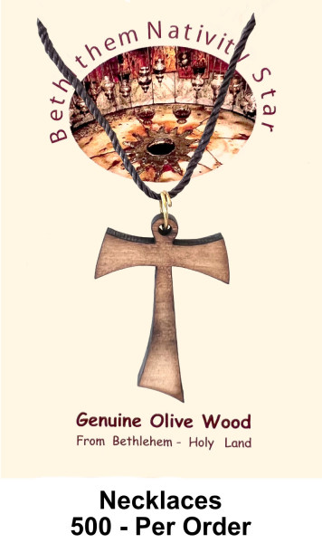 Wholesale Tau Olive Wood Crosses Necklaces 1.5 Inch - 500 @ $1.90 Each