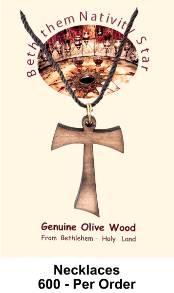 Wholesale Tau Olive Wood Crosses Necklaces 1.5 Inch - 600 @ $1.85 Each