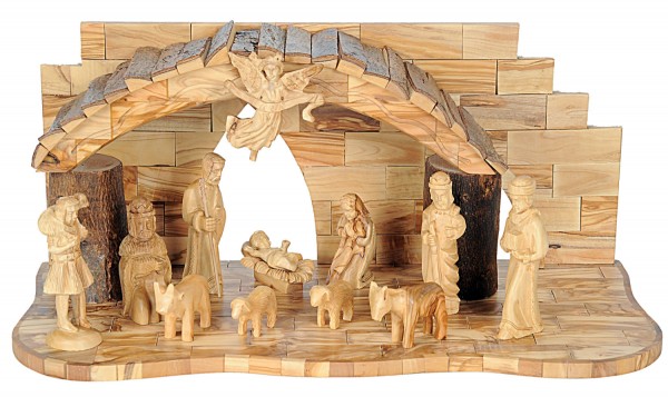 Wide Stable w. Figurines Olive Wood Nativity Set 13 Pieces - Brown, 1 Nativity