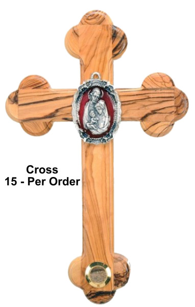Nativity Cross with Red Enamel and Olive Wood 8.5 Inches - 15 Wall Crosses @ $24.00 Each