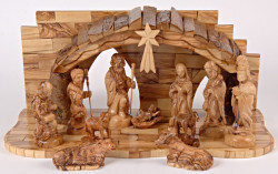 13 Piece Arched Roof Olive Wood Nativity Set [Stable4Figures3A1]