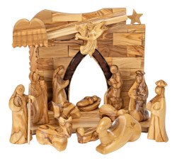14 Piece Faceless Figurine Olive Wood Nativity Set [Stable3AFigures5]