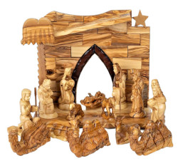 16 Piece Unique Olive Wood Indoor Nativity Scene Set [Stable3Figures3G1]