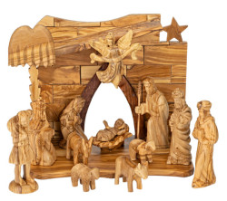 Indoor Olive Wood Nativity Set 13 Piece with Angel and Stable [Stable2AFigures2]